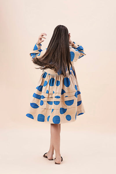 Blue Hand Block Printed Polka Avira Dress
