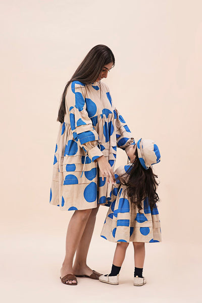 Blue Hand Block Printed Polka Avira Dress