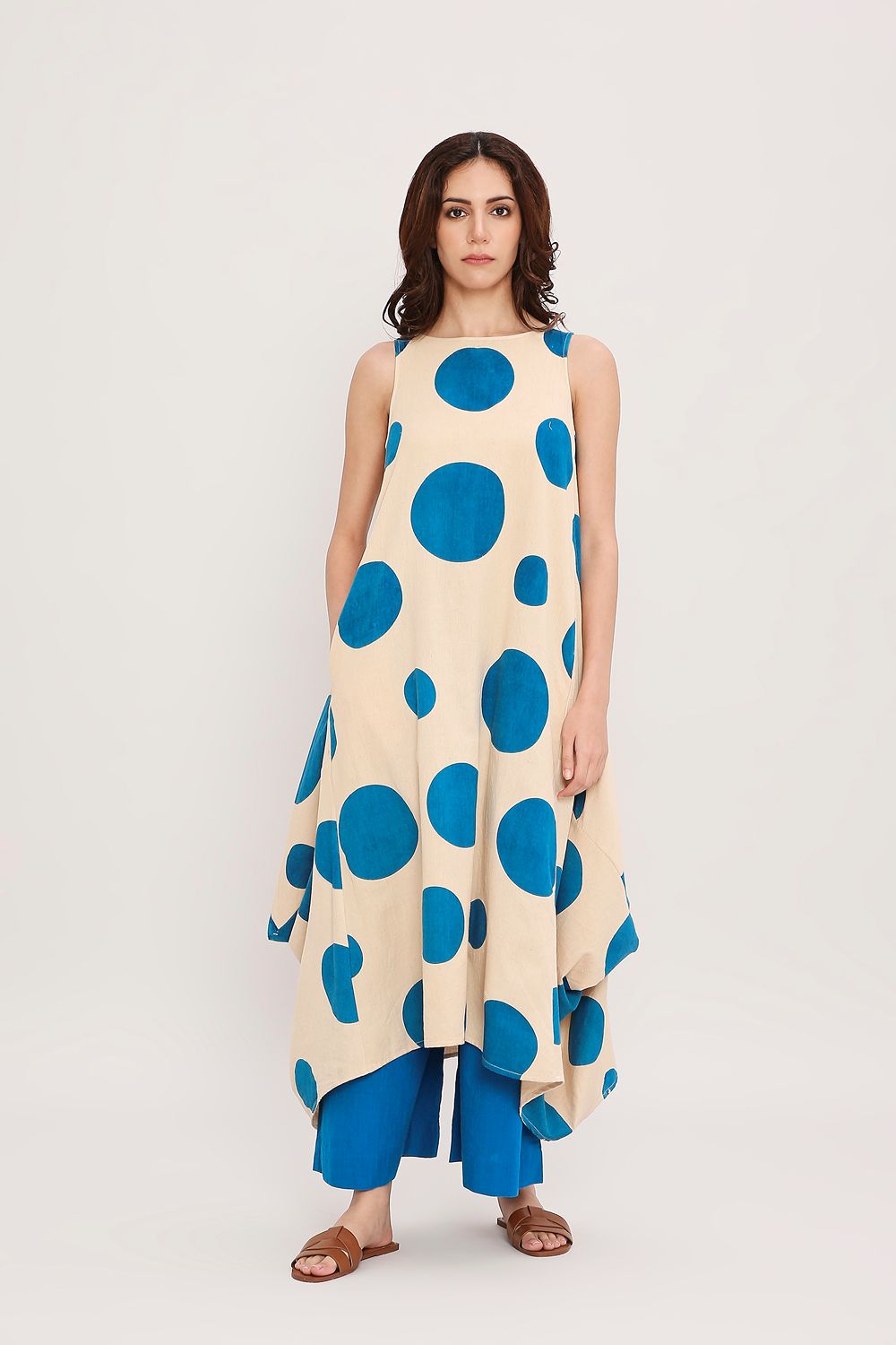 Blue Hand Block Printed Polka Vari Co-ord Set (2 PCS)