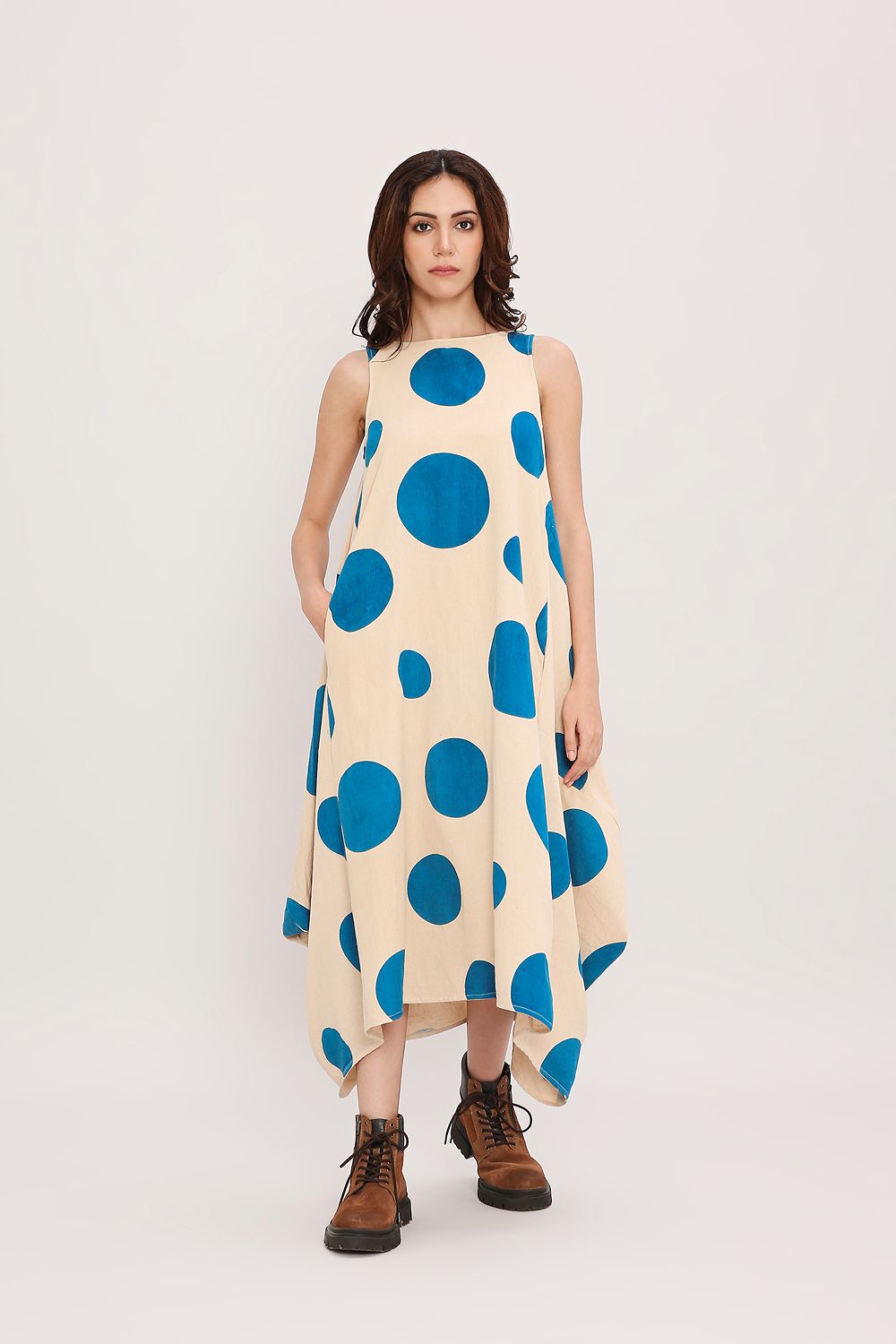 Blue Hand Block Printed Polka Vari Dress