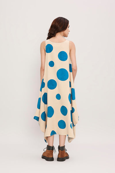 Blue Hand Block Printed Polka Vari Dress