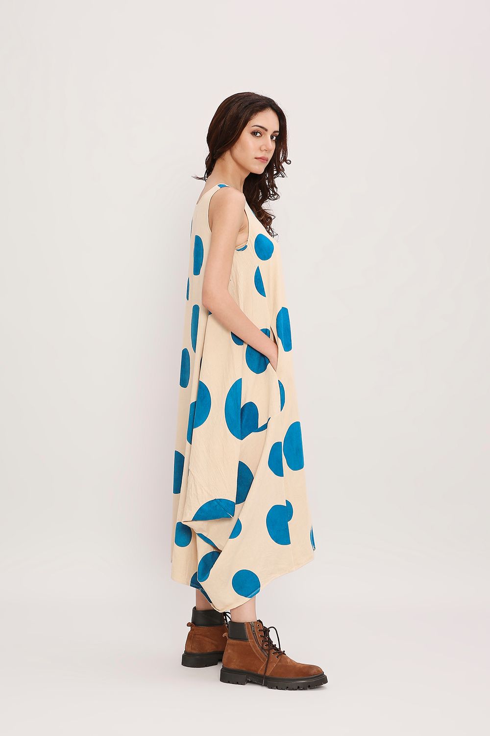 Blue Hand Block Printed Polka Vari Dress