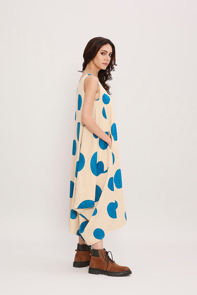 Blue Hand Block Printed Polka Vari Dress