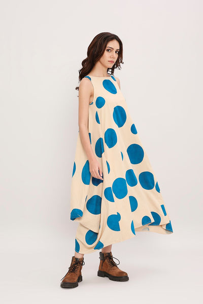 Blue Hand Block Printed Polka Vari Dress