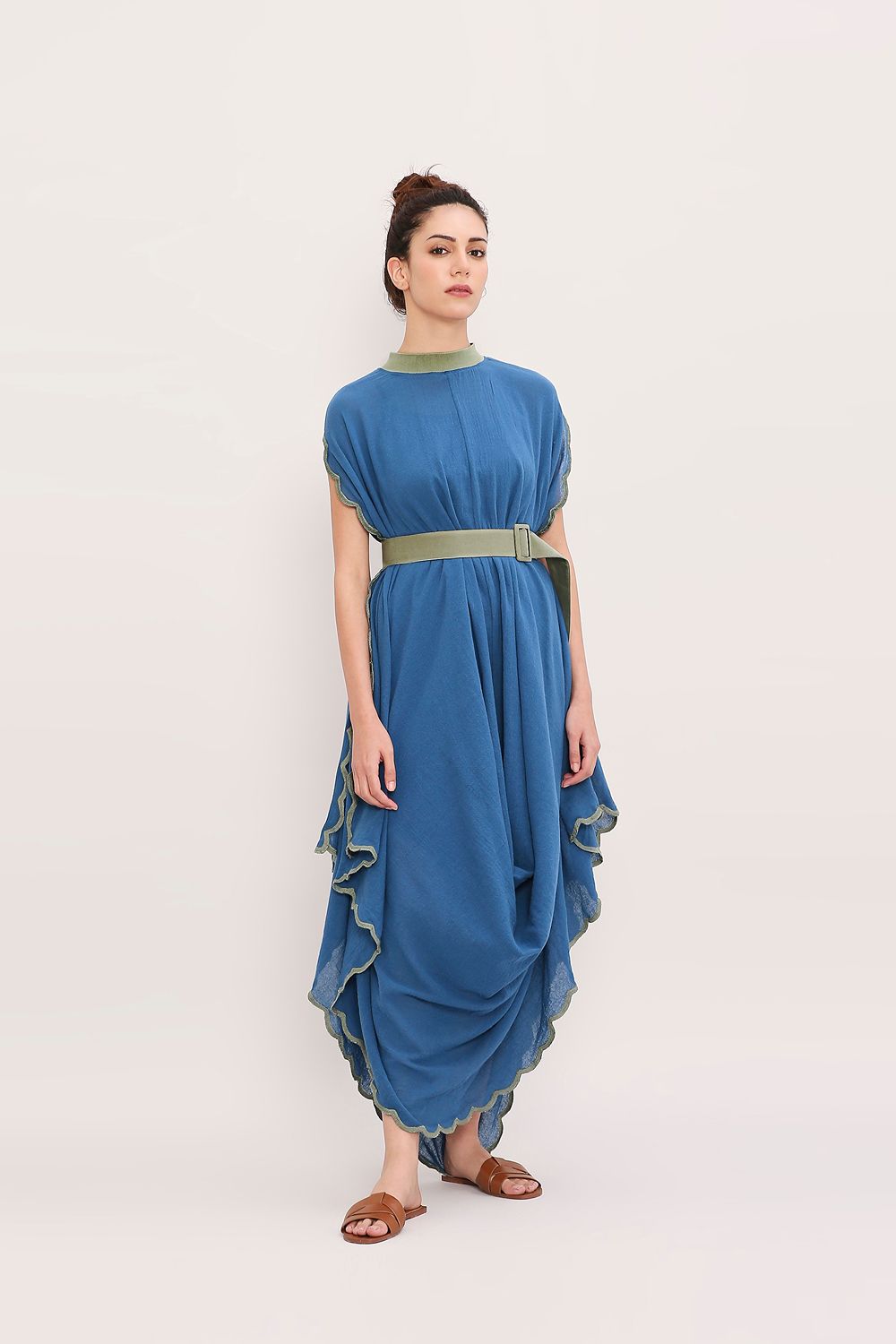 Blue Ribbed Scallop Cowl Dress