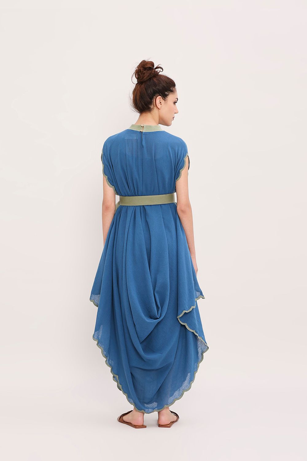 Blue Ribbed Scallop Cowl Dress