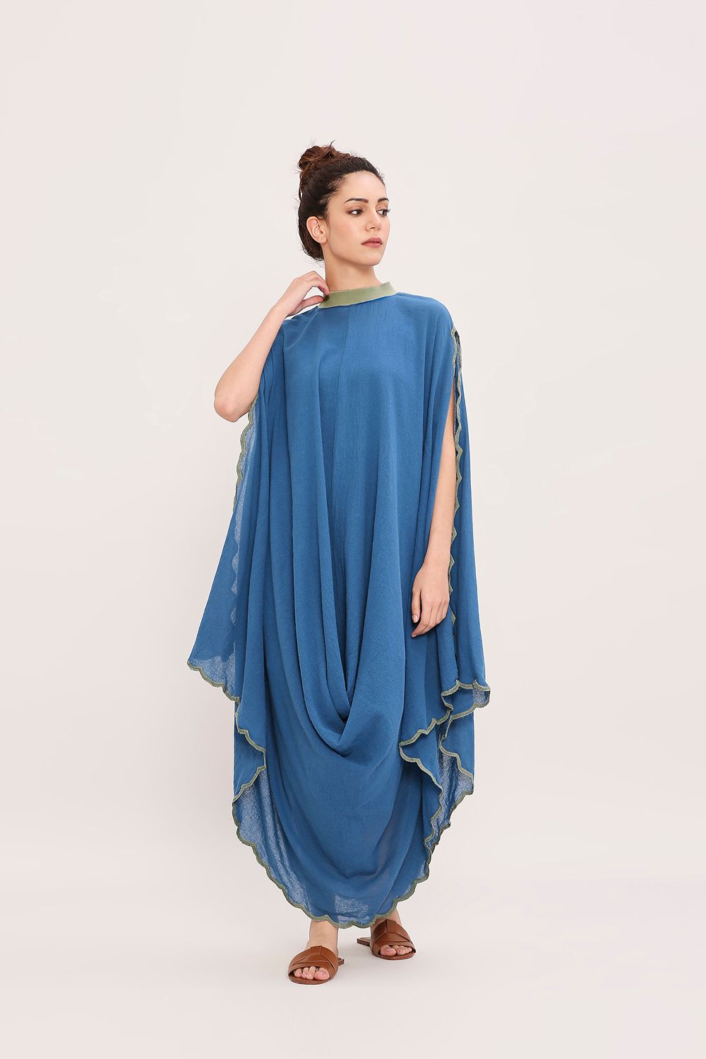 Blue Ribbed Scallop Cowl Dress