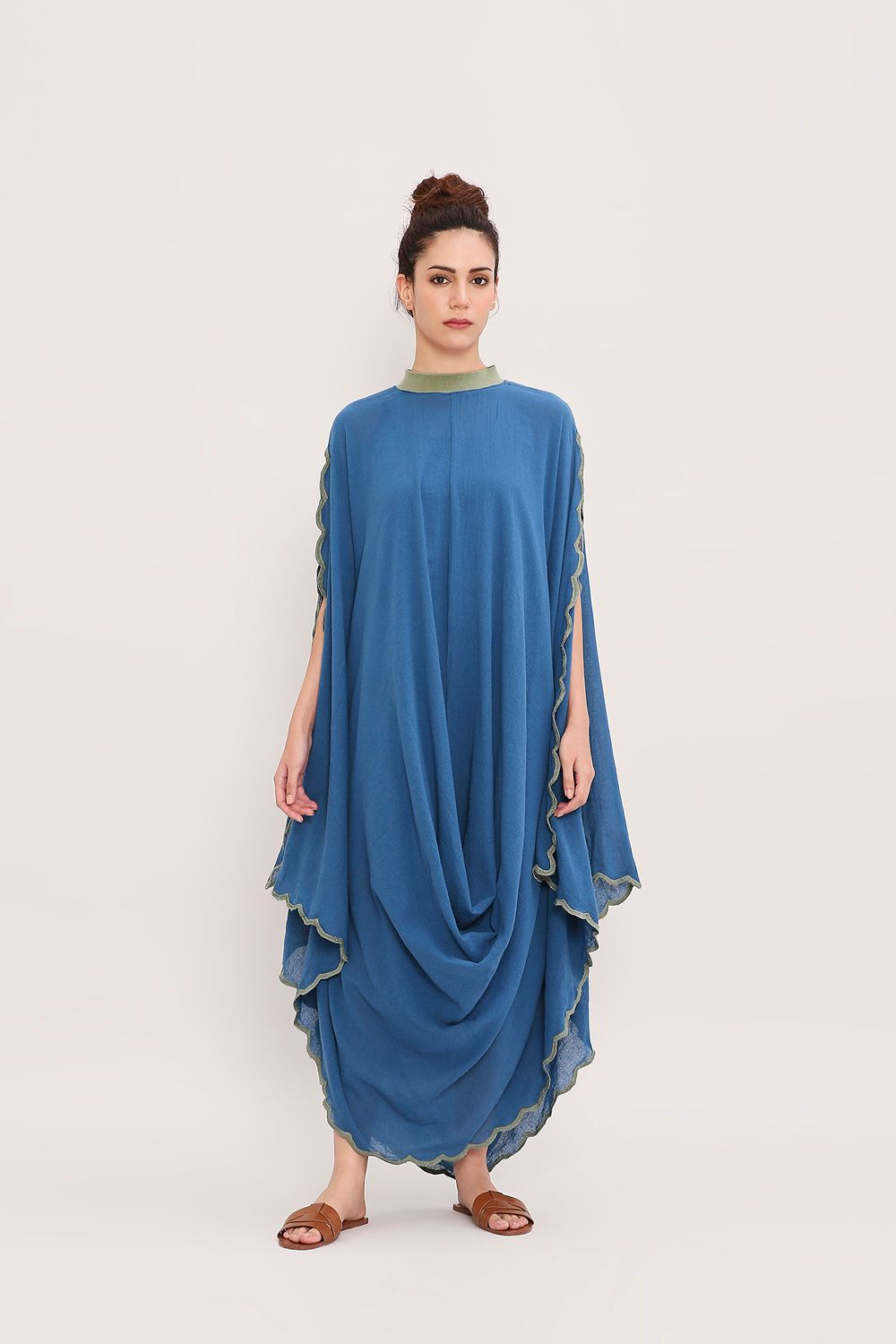Blue Ribbed Scallop Cowl Dress