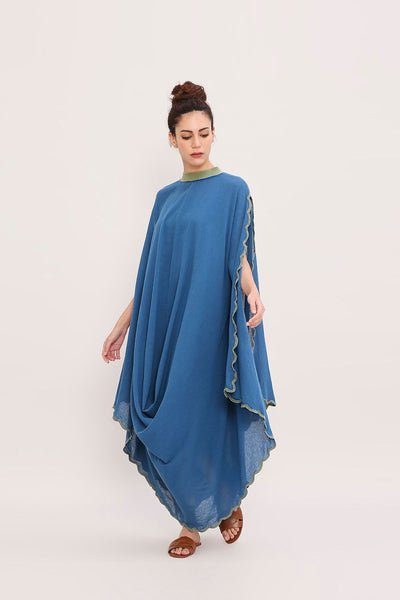 Blue Ribbed Scallop Cowl Dress