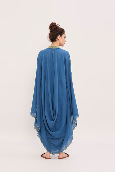 Blue Ribbed Scallop Cowl Dress