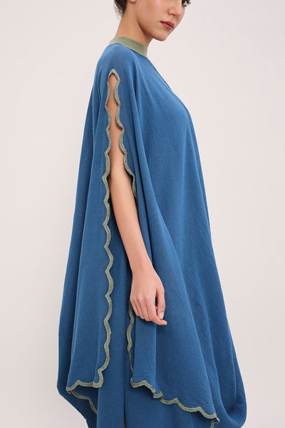 Blue Ribbed Scallop Cowl Dress