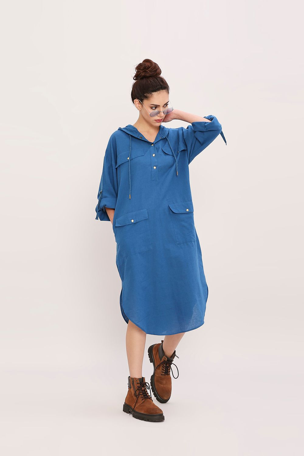 Blue Safari Pocket Hooded Dress