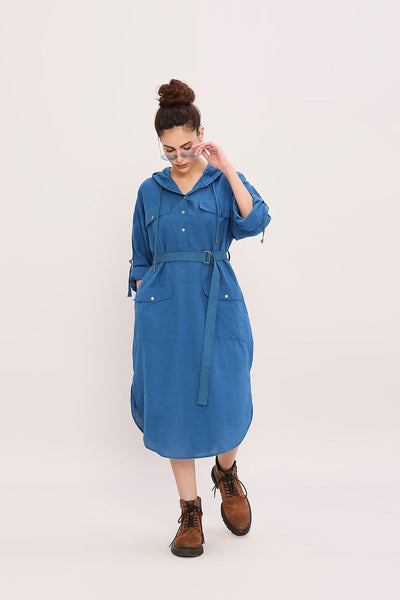 Blue Safari Pocket Hooded Dress