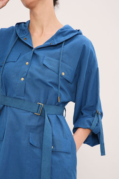 Blue Safari Pocket Hooded Dress