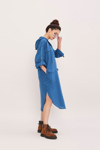 Blue Safari Pocket Hooded Dress
