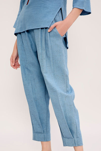 Blue Textured Cotton Dotted Pants