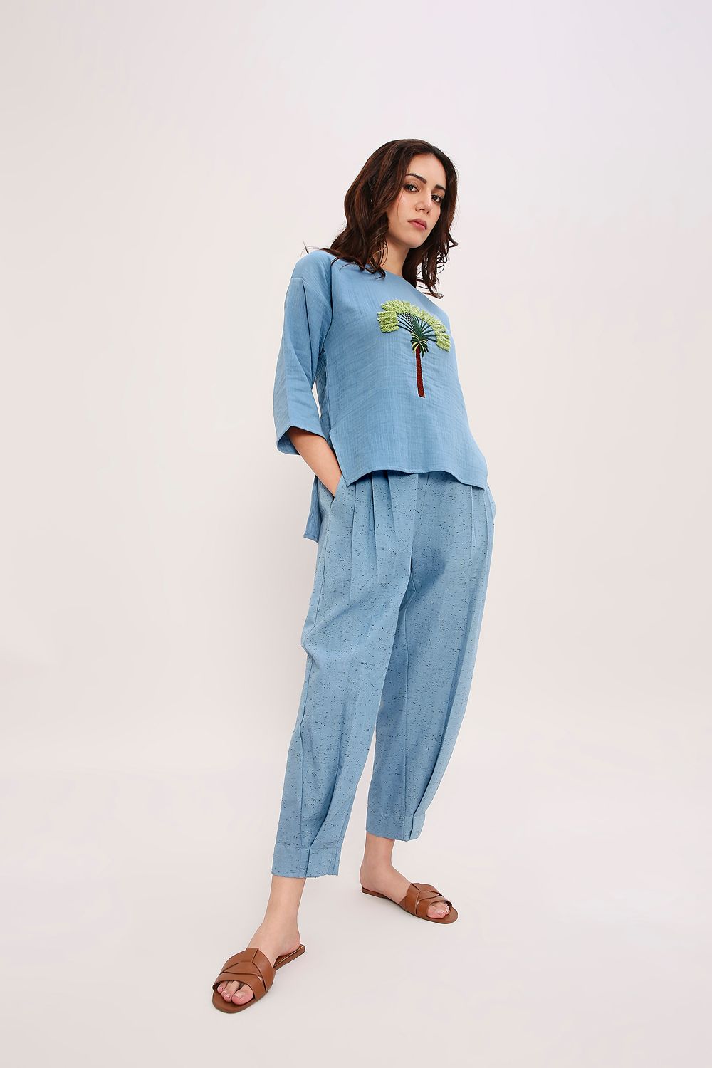 Blue Textured Cotton Dotted Pants