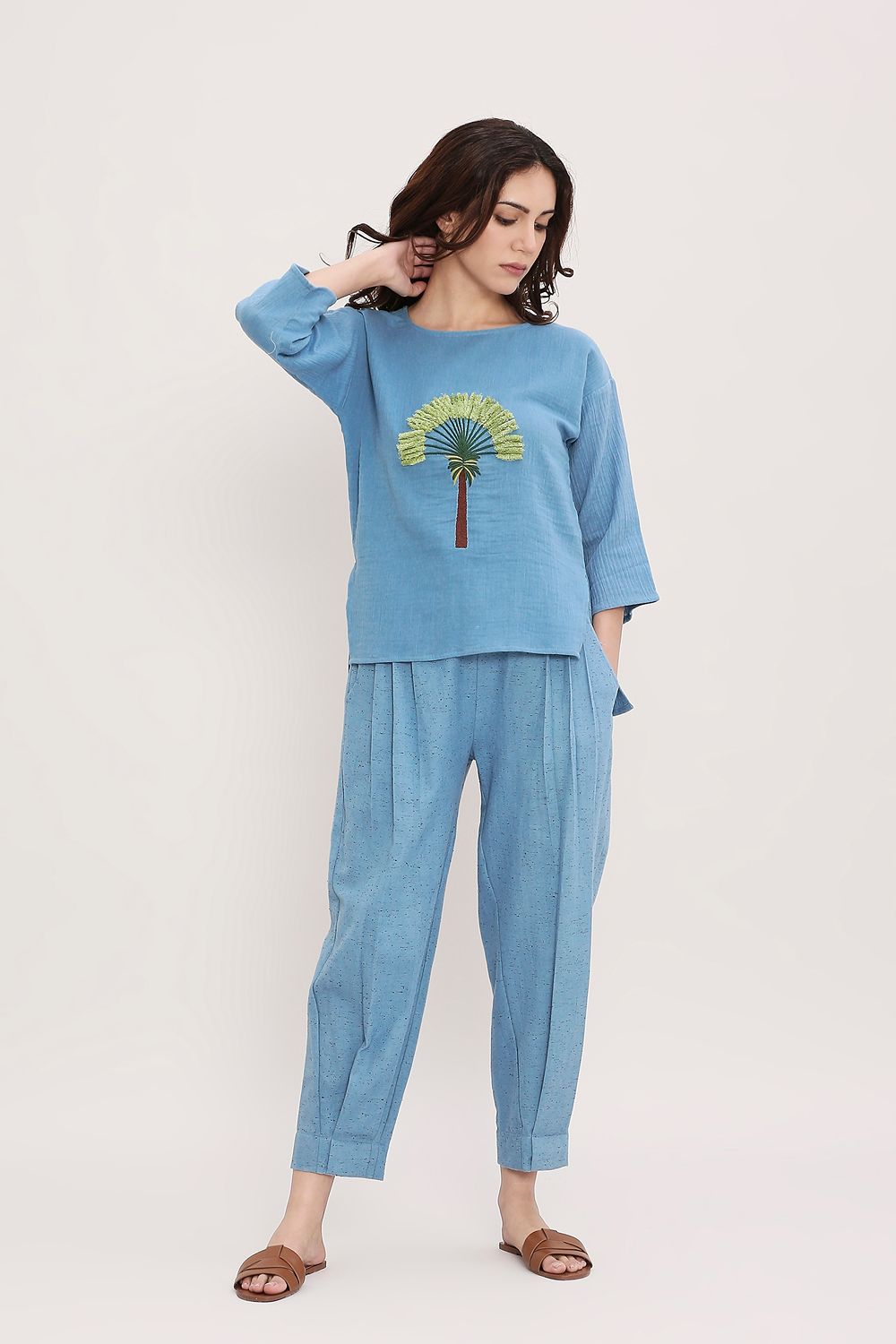 Blue Textured Cotton Dotted Pants