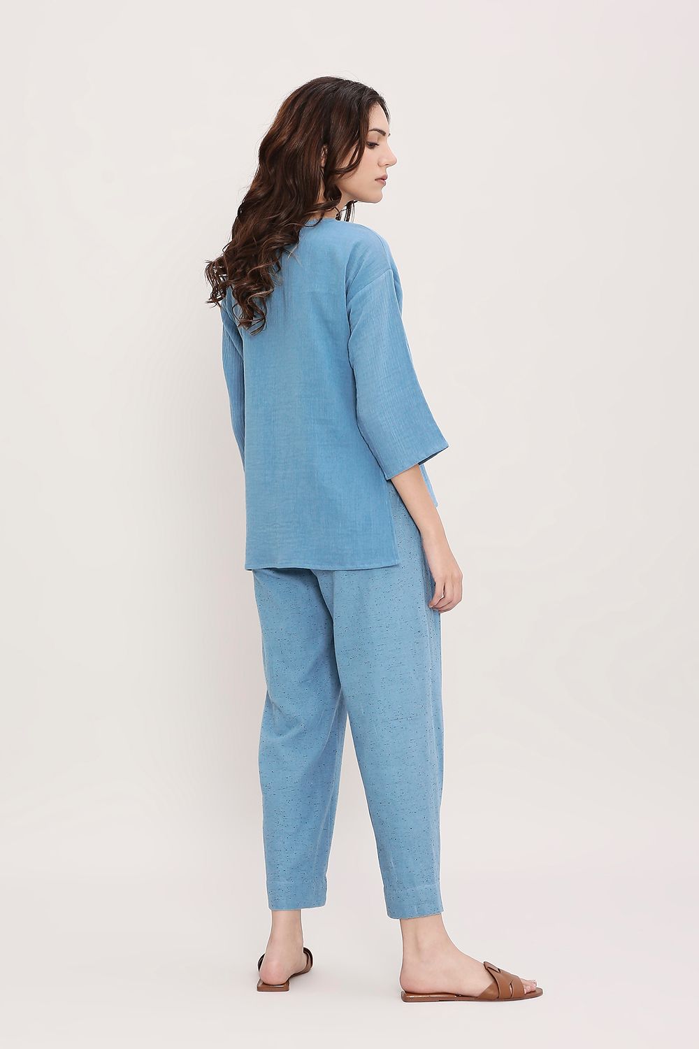 Blue Textured Cotton Dotted Pants