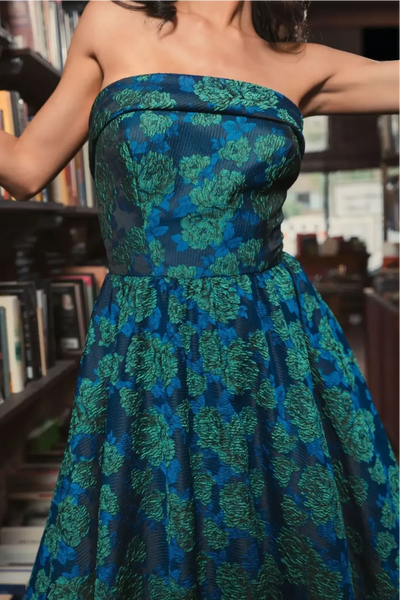 Blue and Green Brocade Strapless A Line Midi Dress