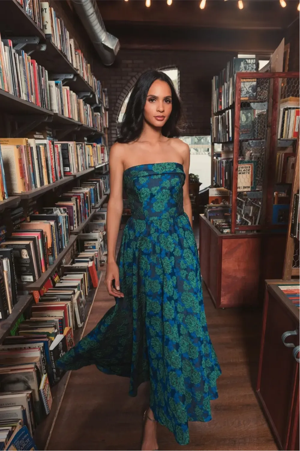 Blue and Green Brocade Strapless A Line Midi Dress