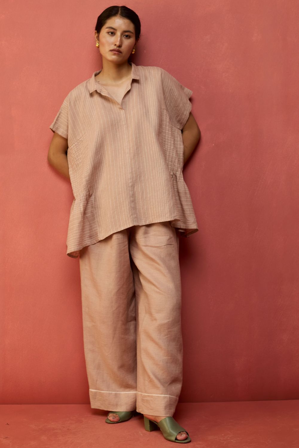 Bonnie Pleated Stripe Linen Top - Dusty Rose