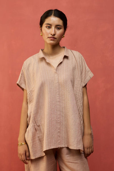 Bonnie Pleated Stripe Linen Top - Dusty Rose
