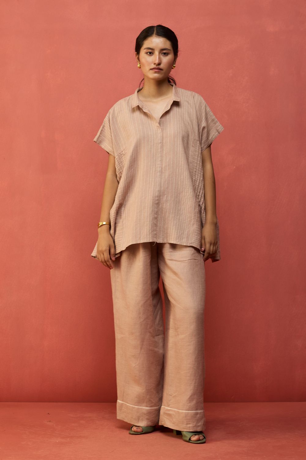 Bonnie Pleated Stripe Linen Top - Dusty Rose