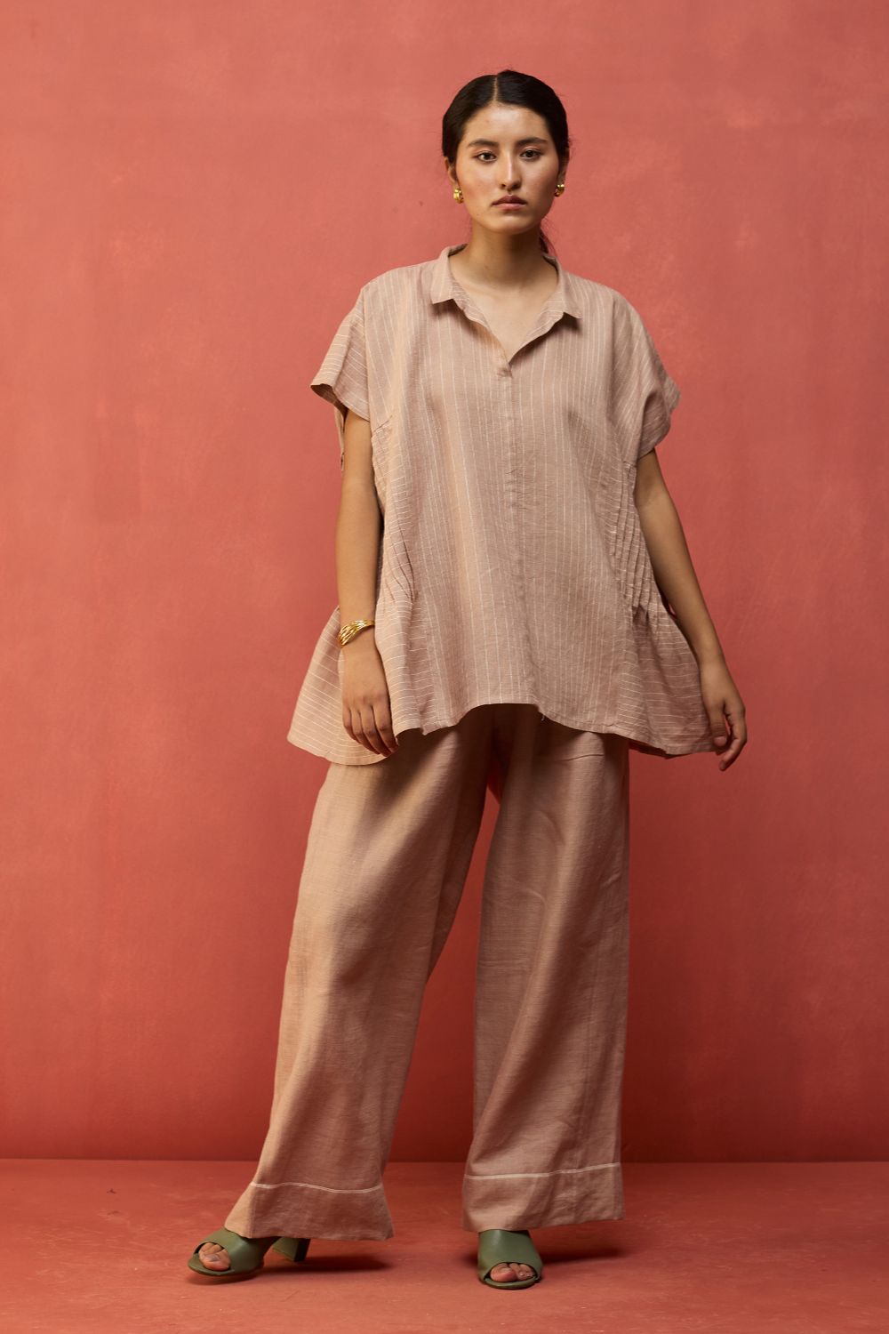 Bonnie Pleated Stripe Linen Top - Dusty Rose