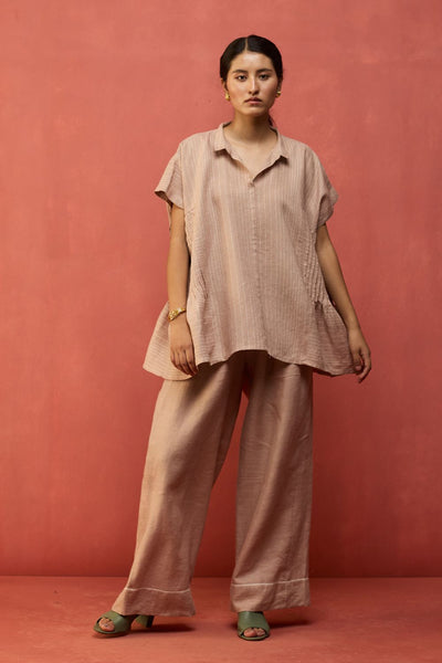 Bonnie Pleated Stripe Linen Top - Dusty Rose