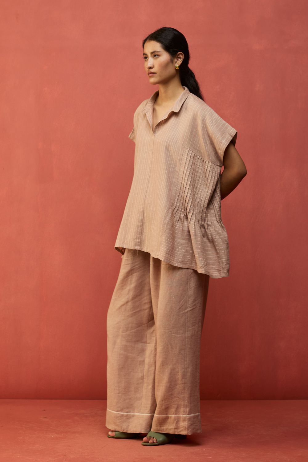 Bonnie Pleated Stripe Linen Co-ord Set - Dusty Rose