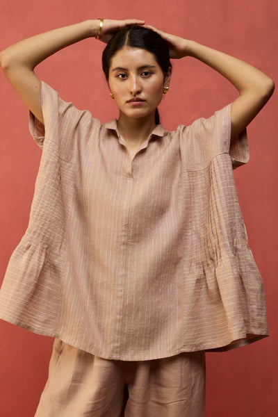 Bonnie Pleated Stripe Linen Top - Dusty Rose