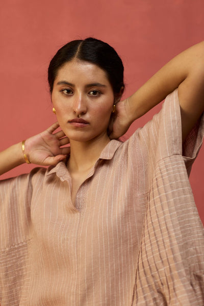 Bonnie Pleated Stripe Linen Top - Dusty Rose