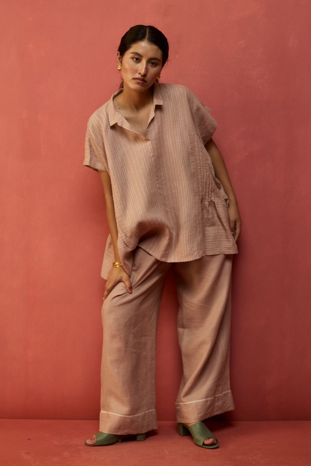 Bonnie Pleated Stripe Linen Co-ord Set - Dusty Rose