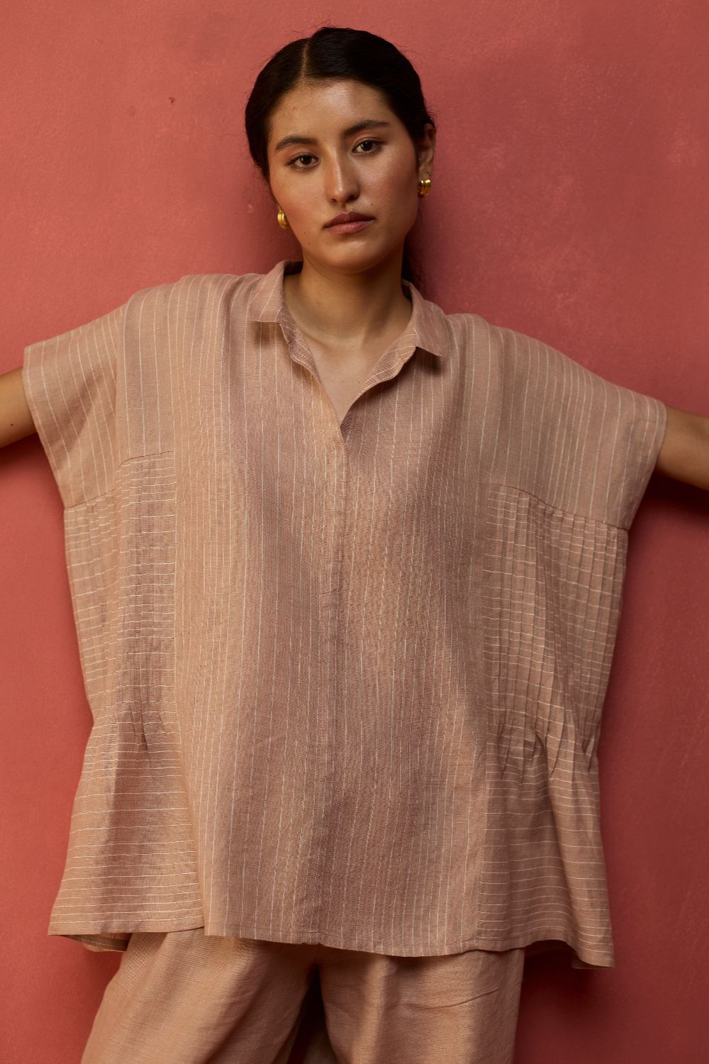 Bonnie Pleated Stripe Linen Top - Dusty Rose