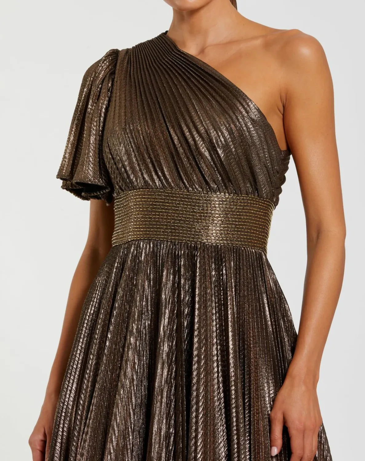 Brown One Shoulder Pleated Metallic Ball Gown