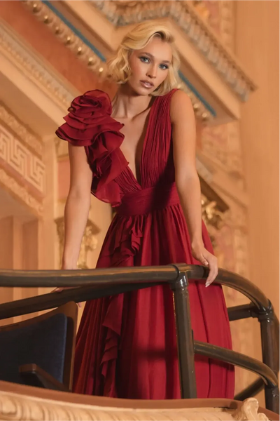 Burgundy Ruffle Shoulder V-Neck Chiffon Gown