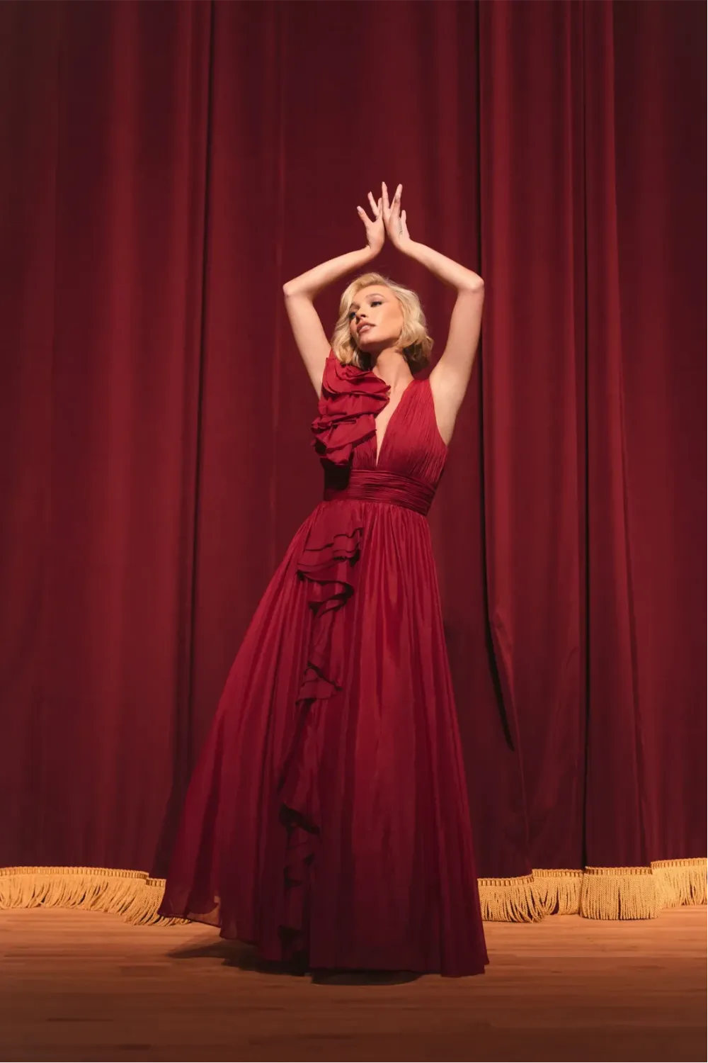 Burgundy Ruffle Shoulder V-Neck Chiffon Gown