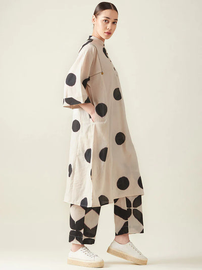 Polka Kurta Set -  Off White And Black