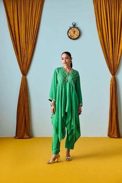 Sureen Festive Asymmetric Green Kurta Set
