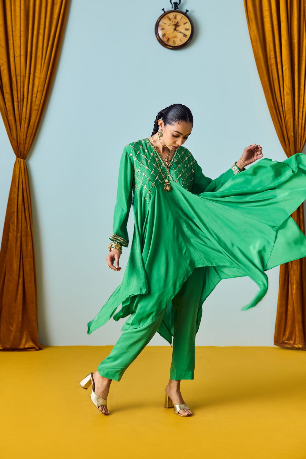 Sureen Festive Asymmetric Green Kurta Set