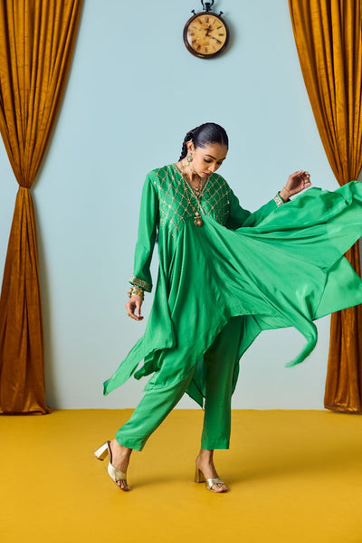 Sureen Festive Asymmetric Green Kurta Set