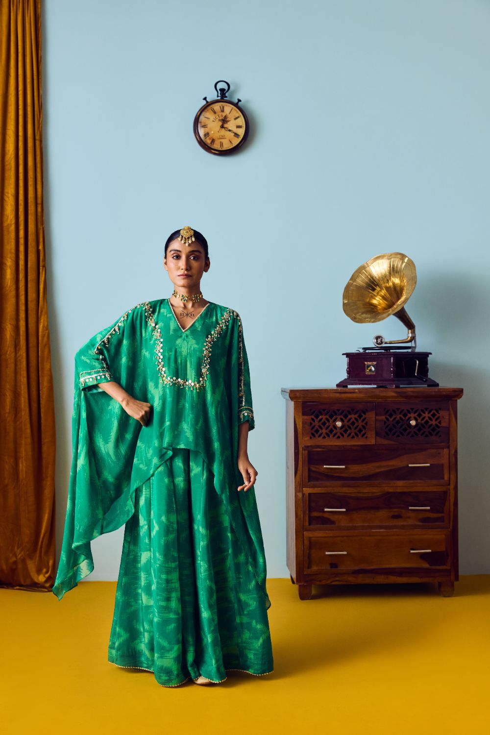 Maia Coral Green Anti-Fit Tunic Set with Panelled Palazzo
