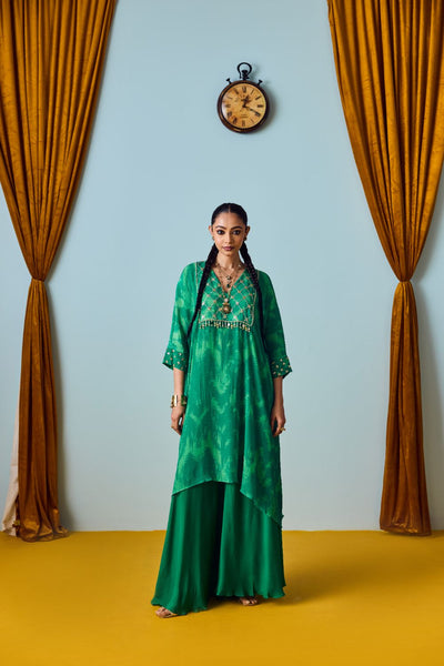 Maia Coral Green Hand-Embroidered Kaftan Kurta with Flared Palazzo Set
