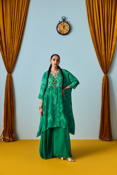 Maia Coral Green Hand-Embroidered Kaftan Kurta with Flared Palazzo Set