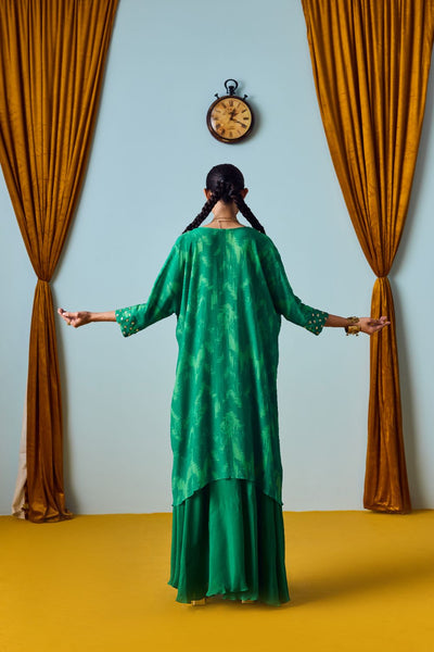 Maia Coral Green Hand-Embroidered Kaftan Kurta with Flared Palazzo Set