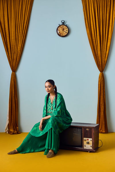 Maia Coral Green Hand-Embroidered Kaftan Kurta with Flared Palazzo Set