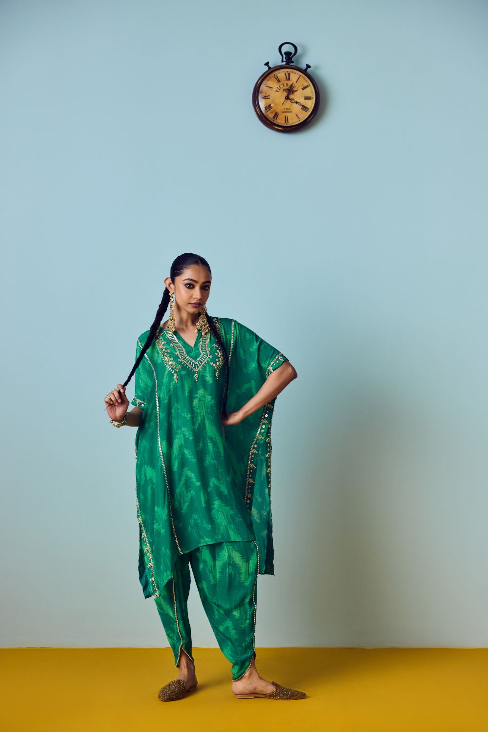 Nourie Coral Green Hand-Embroidered Kaftan Set