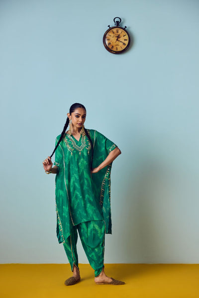 Nourie Coral Green Hand-Embroidered Kaftan Set