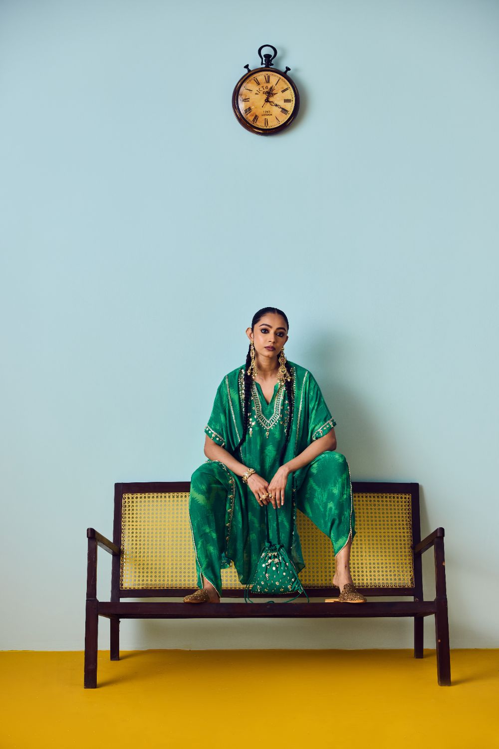 Nourie Coral Green Hand-Embroidered Kaftan Set